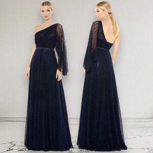 NEW MAC DUGGAL LACE ONE SHOULDER ILLUSION SLEEVE A LINE GOWN In Navy Size 4